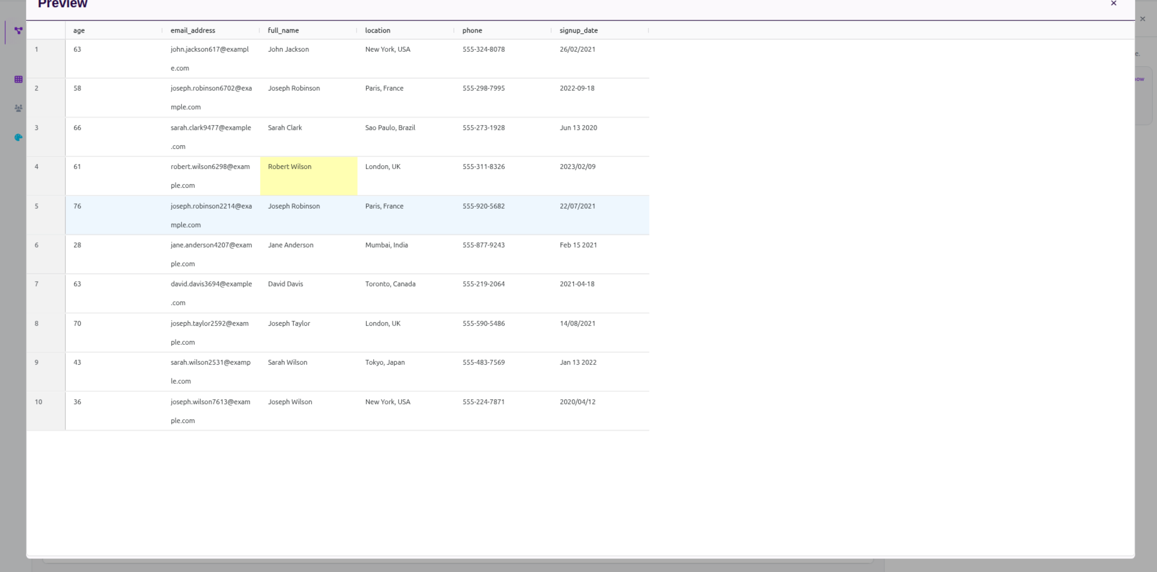 Source Preview dialog showing the original spreadsheet with the exact source cell highlighted in yellow.