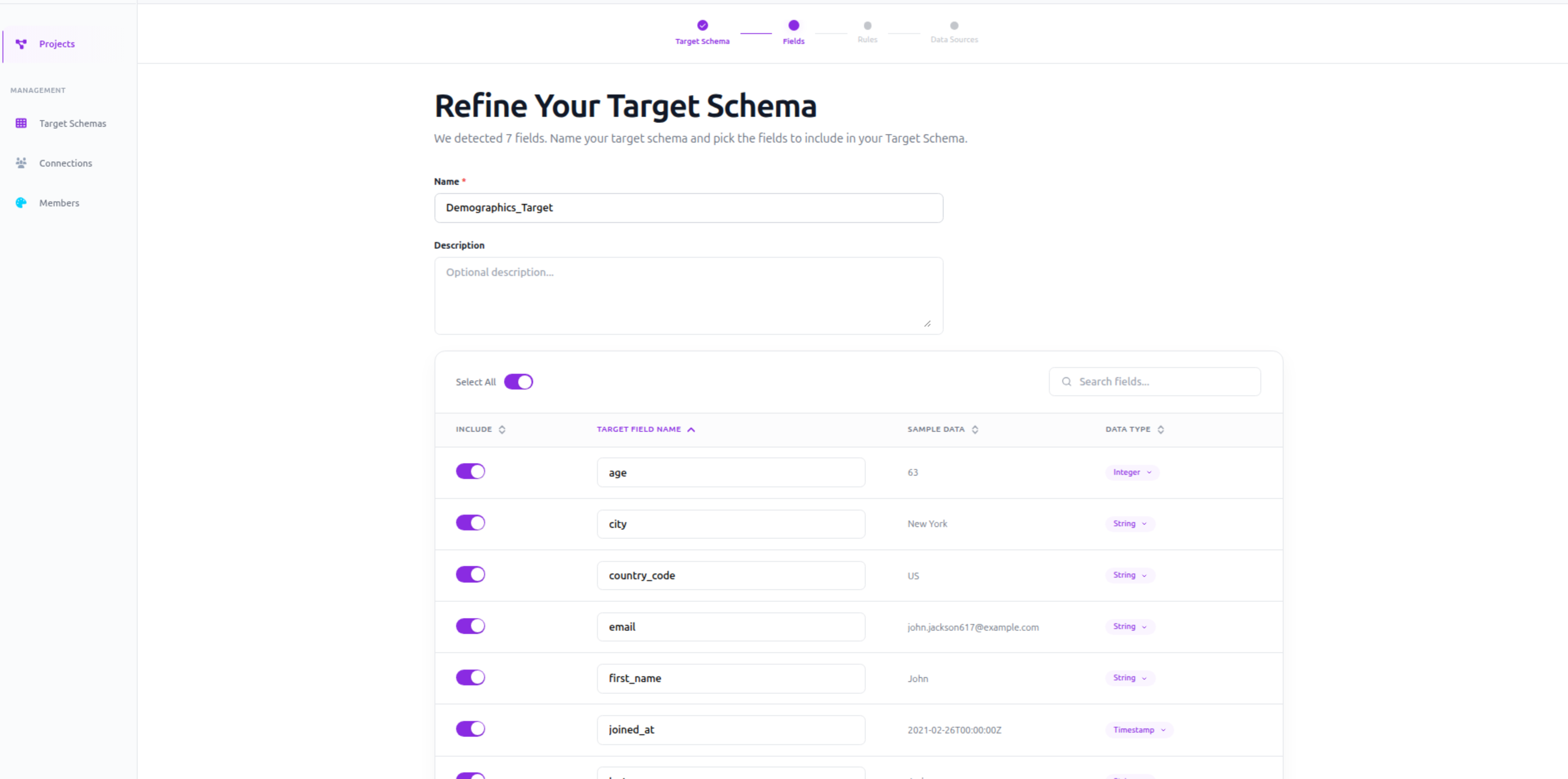 Refine Your Target Schema page showing detected fields with include toggles, sample data, and data type selectors.