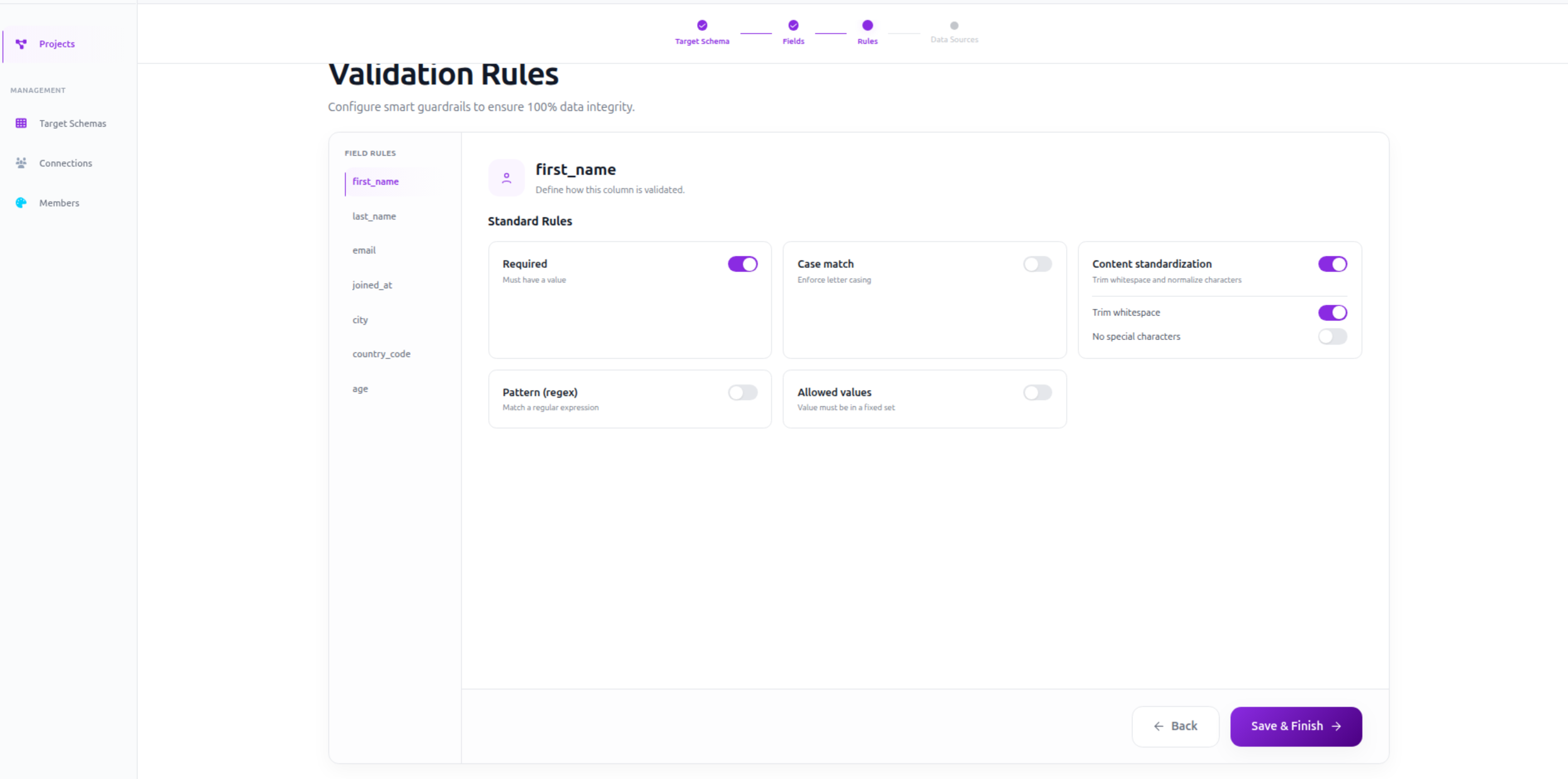 Validation Rules workspace with a per-field rules sidebar and standard rule toggles like Required, Case match, and Content standardization.
