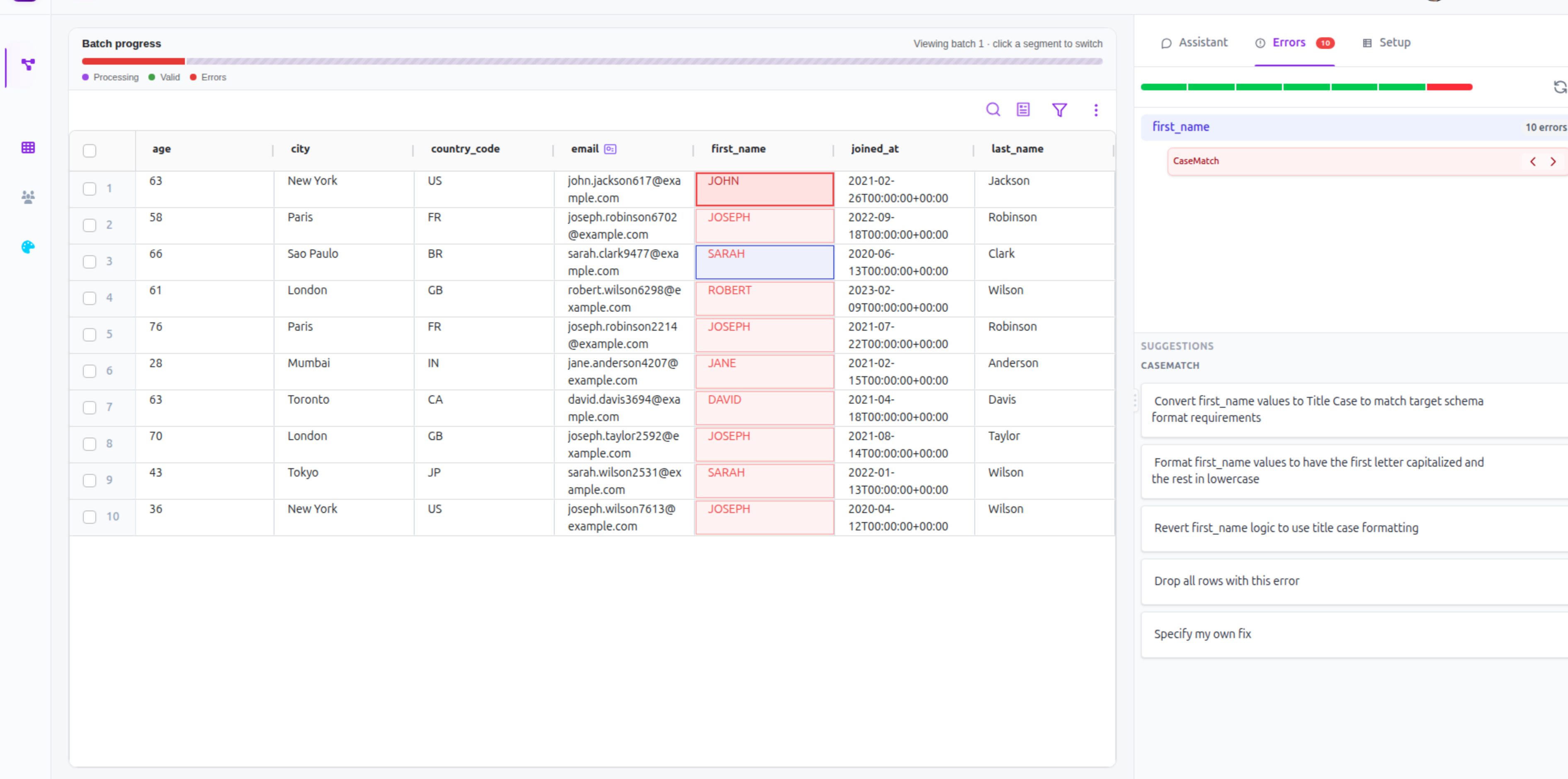 Error Console with a CaseMatch error count badge, failing first_name cells highlighted in red, and a suggestions list in the right panel.