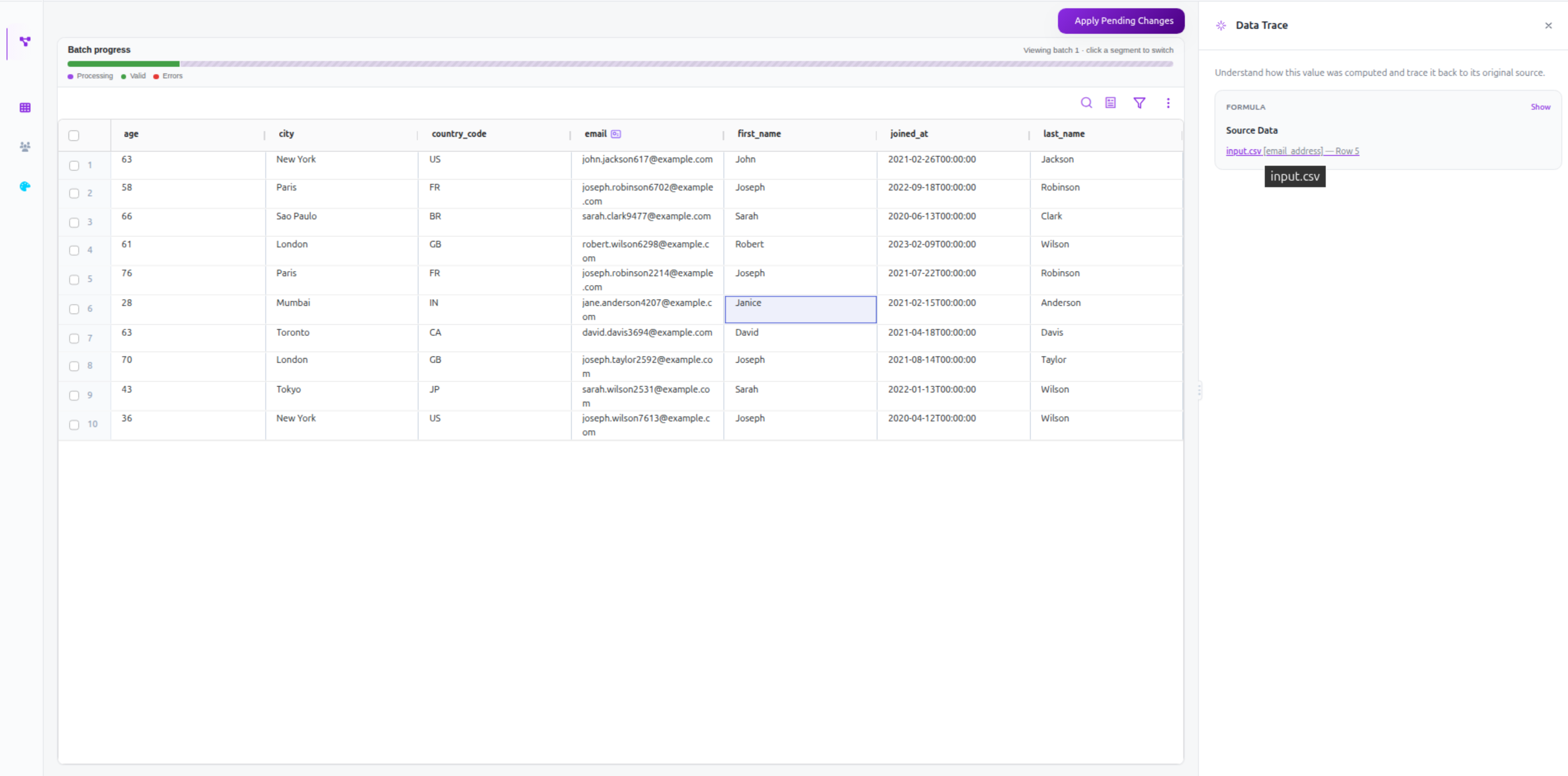 Data Trace panel open beside the data grid, showing the Source Data for a selected cell traced back to its source file, column, and row.