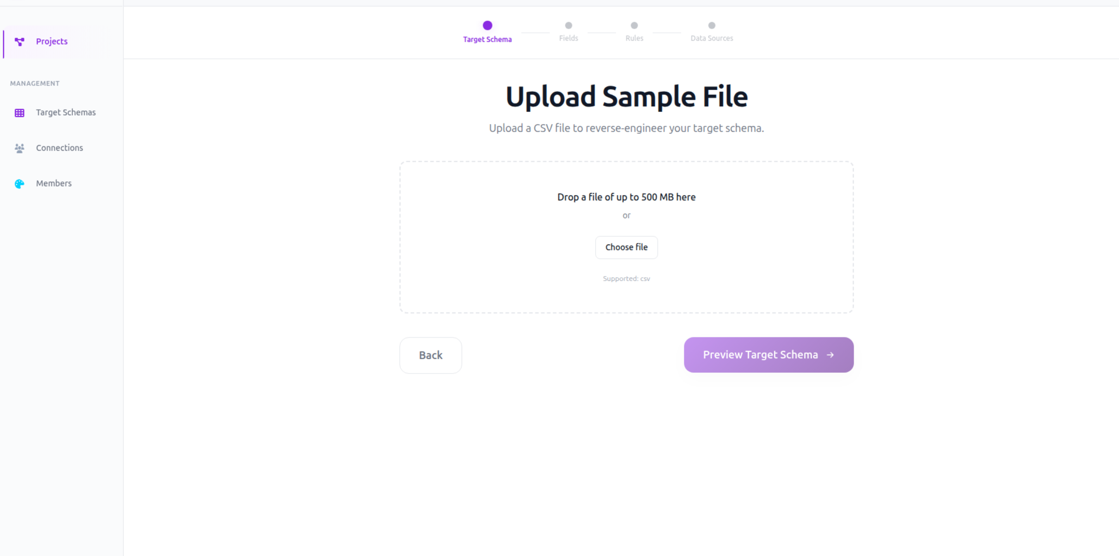 Upload Sample File step with a dropzone for a CSV up to 500 MB and a Preview Target Schema button.