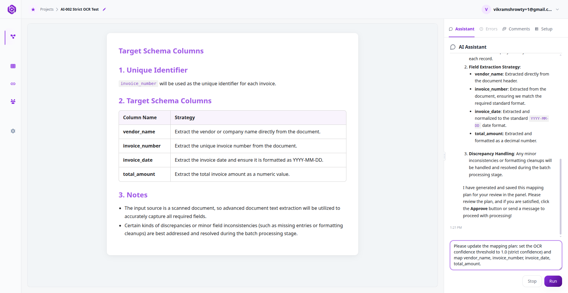 AI Data Migration Engine displaying mapping plan and verification safeguards.