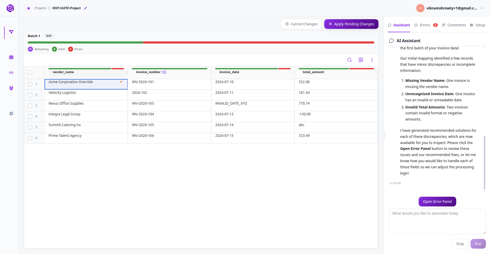 Direct cell editing in the grid with pending changes.