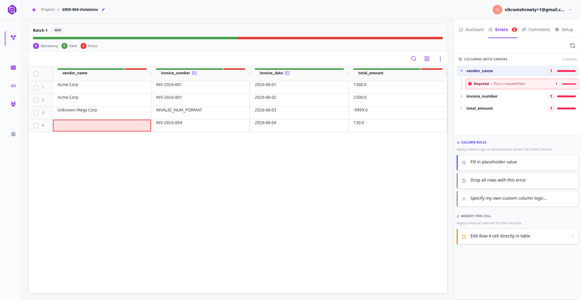 The Error Console isolates failing cells by column and violation category.