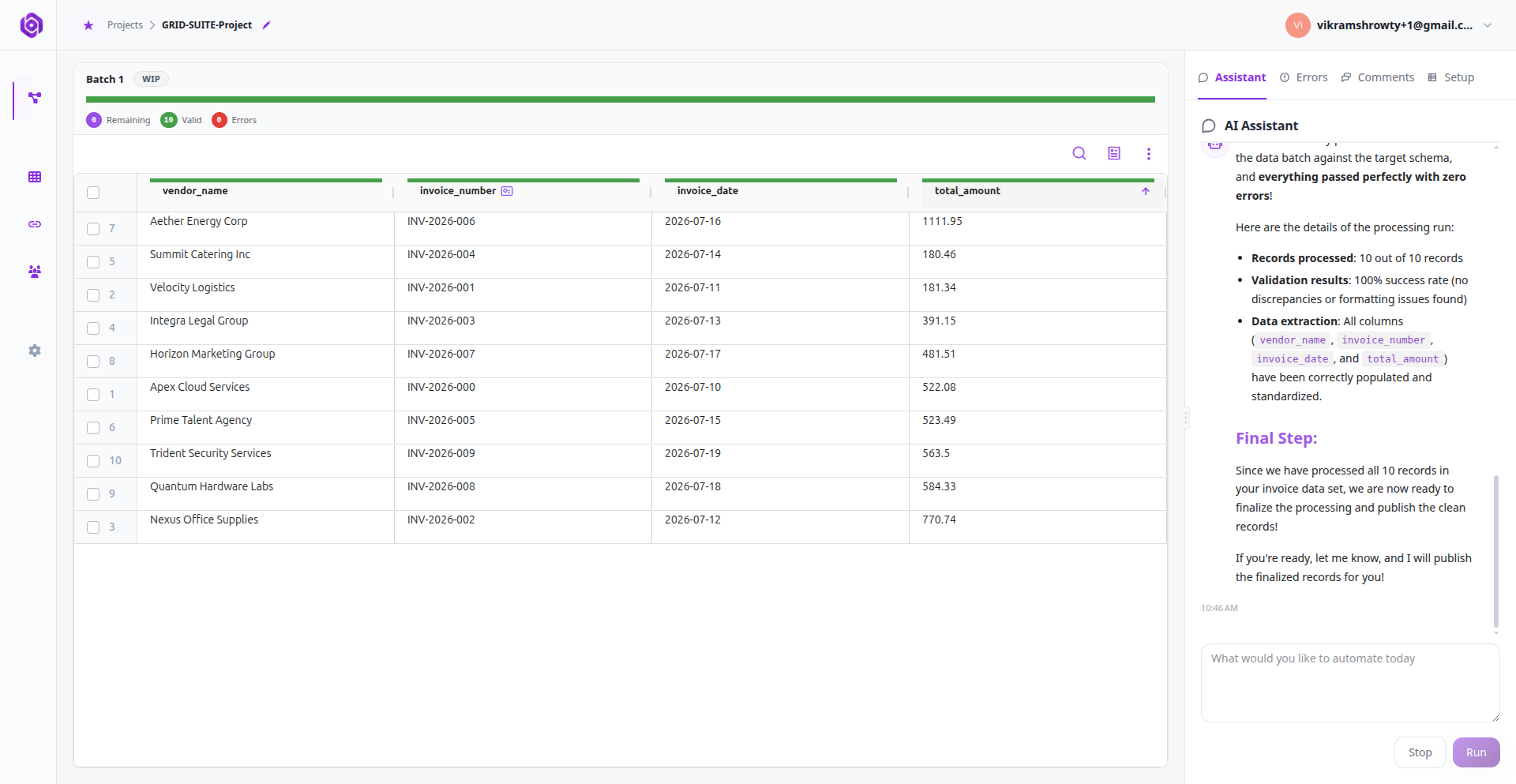 Column headers sorting and filtering controls.