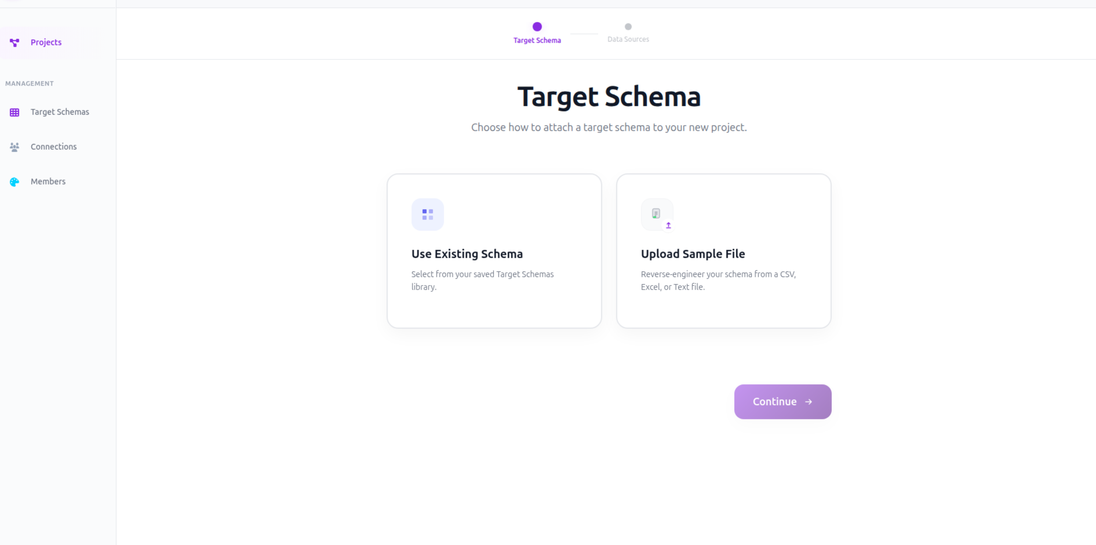 Target Schema step of the new project wizard, showing the Use Existing Schema and Upload Sample File options.