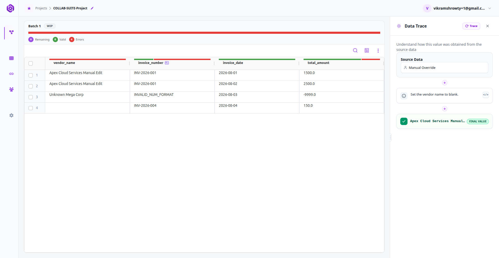 Manual override trace showing user edit history and prior value.