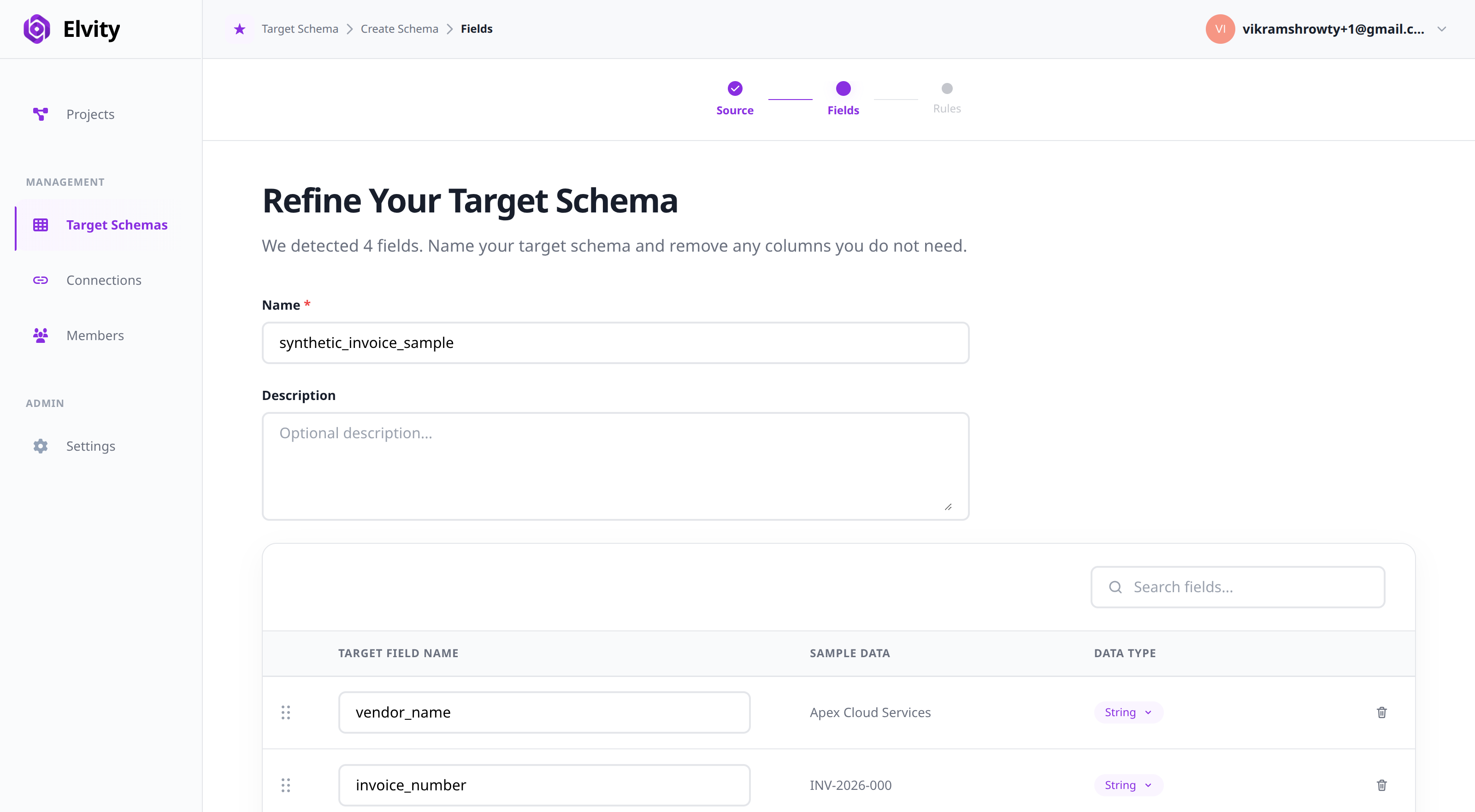 Refine Your Target Schema page showing inferred columns, data types, and sample data.