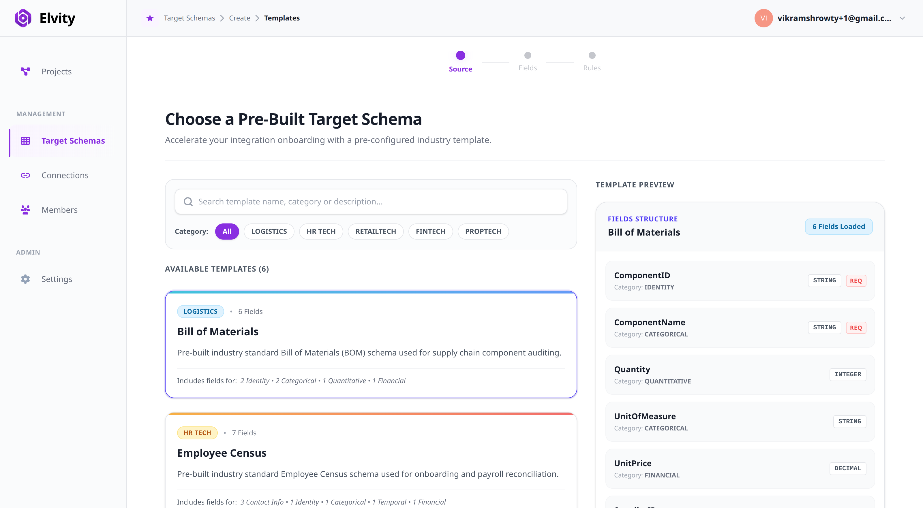 Industry Target Templates catalog with categories and search filtering.