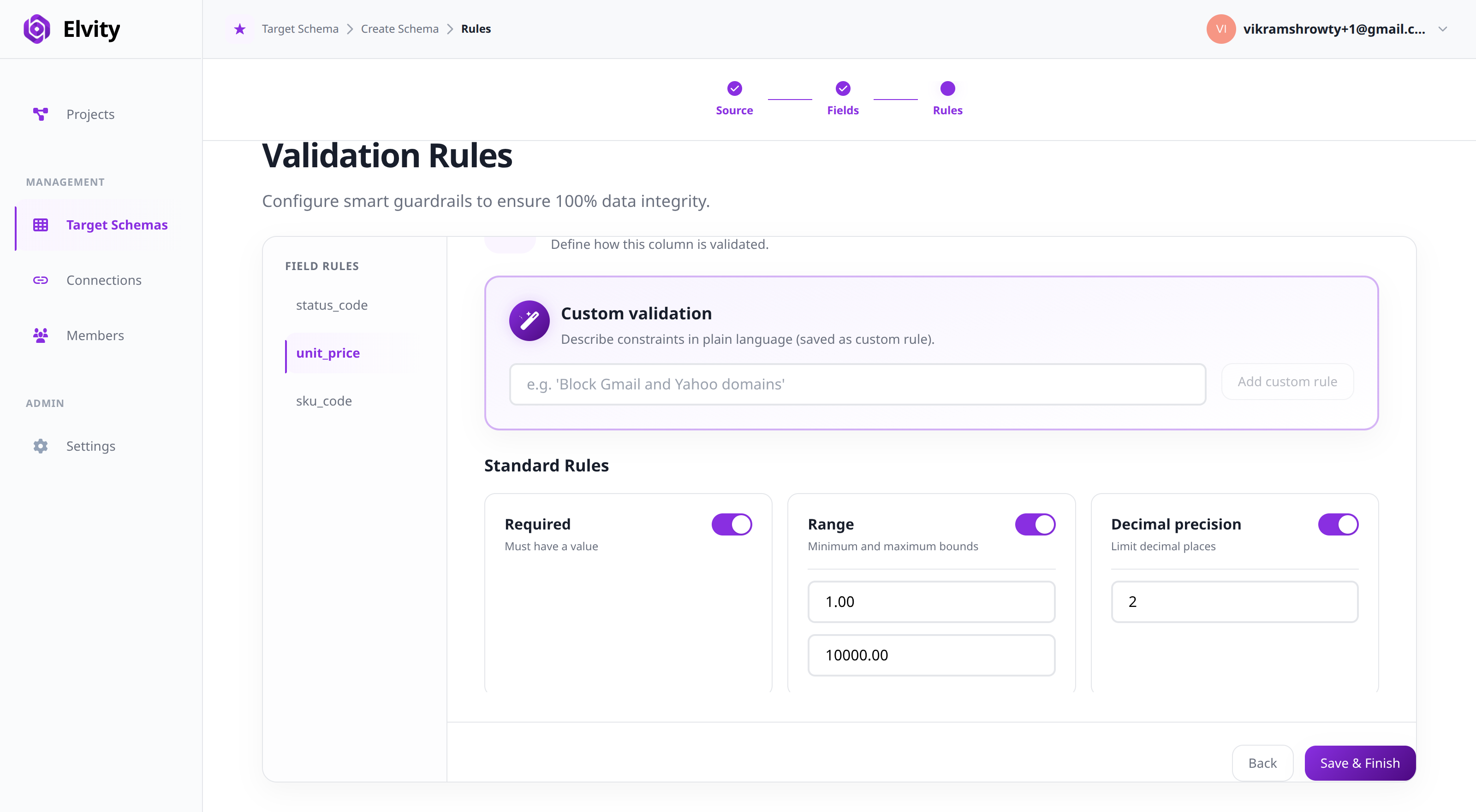 Validation Rules workspace showing numeric bounds and standard rule toggles.
