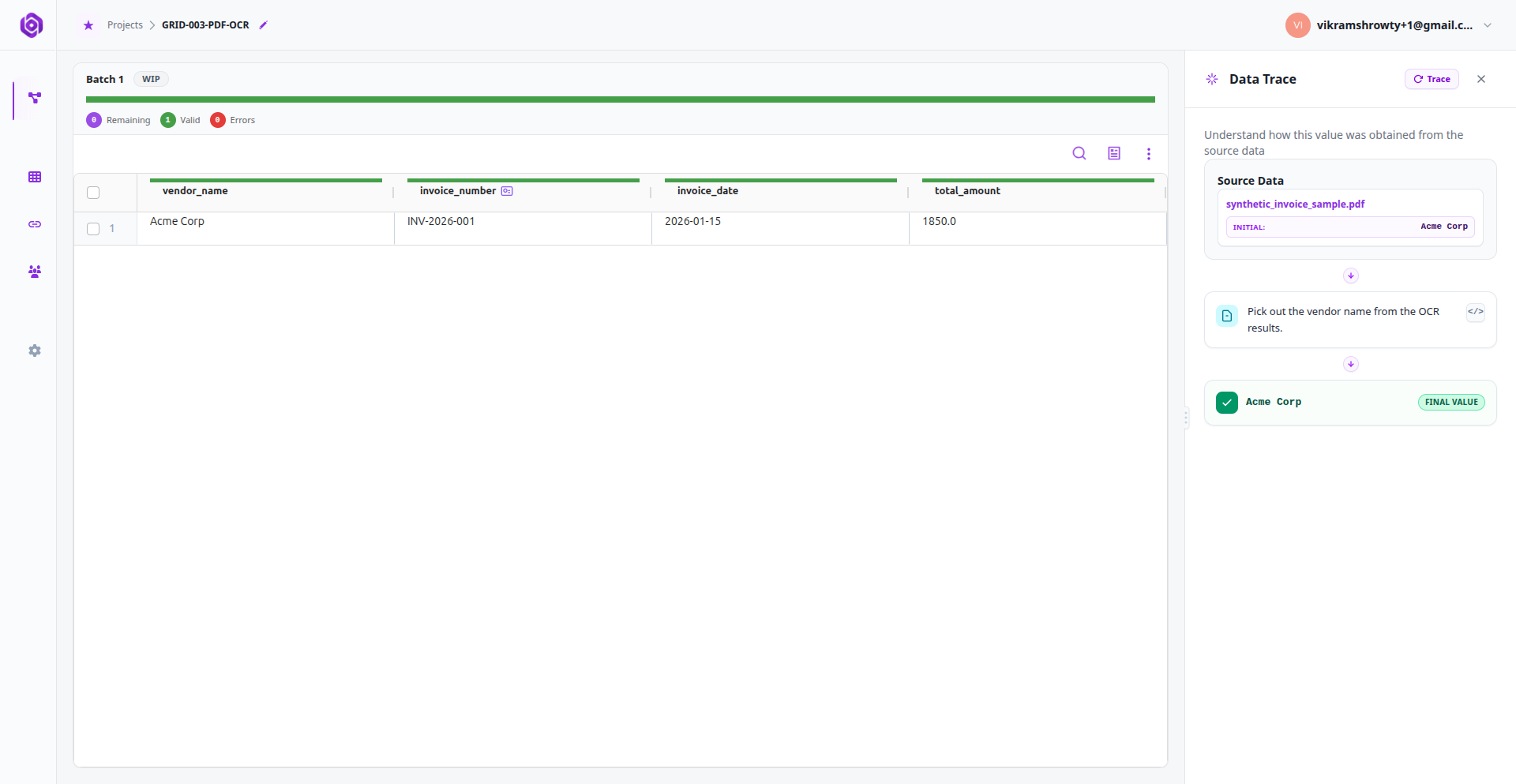 The Data Trace panel displaying interactive visual DAG graph and cell lineage.