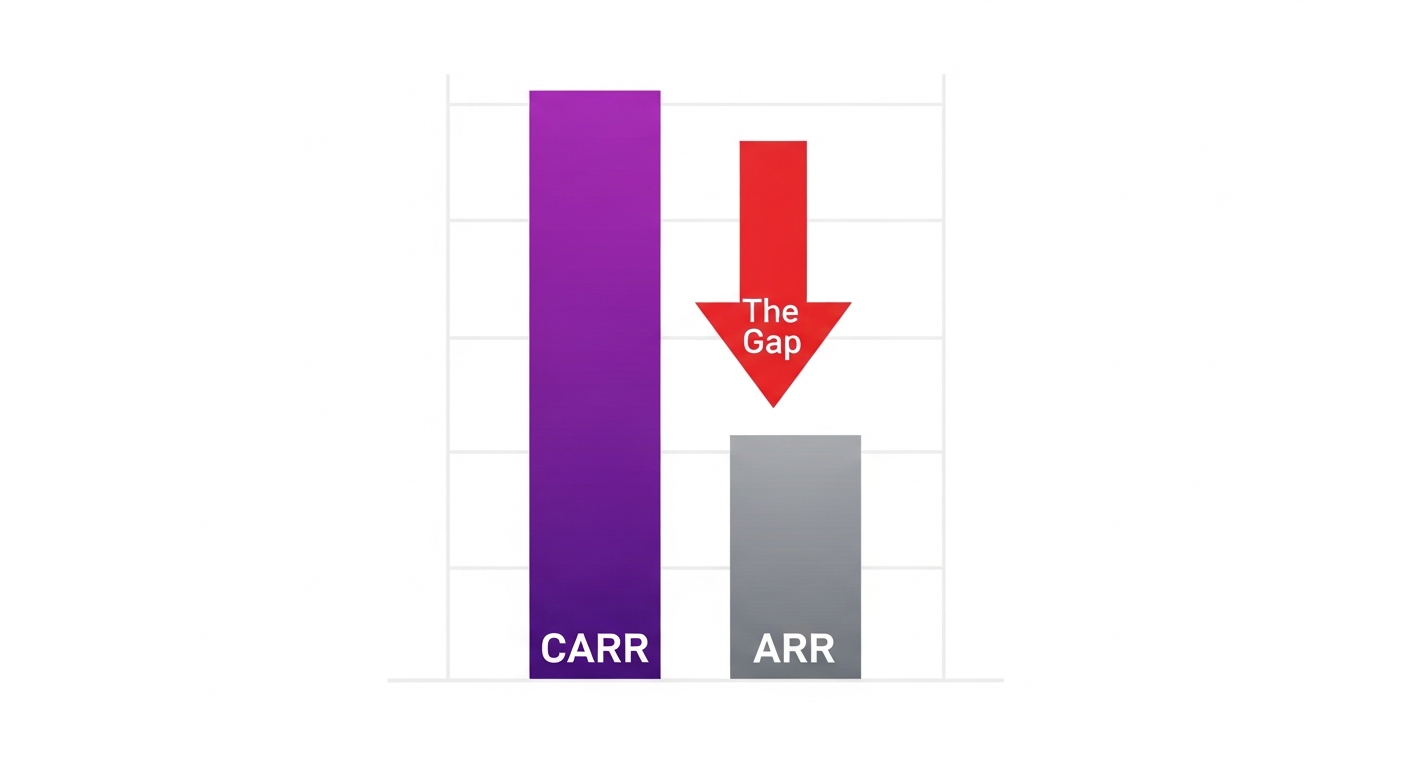 Two bar charts showing CARR towering over a shorter ARR bar, with a red arrow highlighting the gap between contracted and realized revenue.