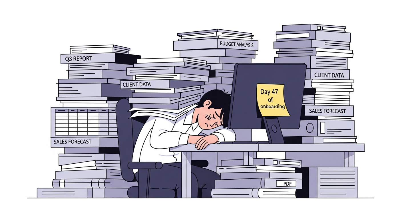 An overwhelmed implementation manager buried under stacks of CSV files and PDFs, monitor showing 'Day 47 of onboarding'.